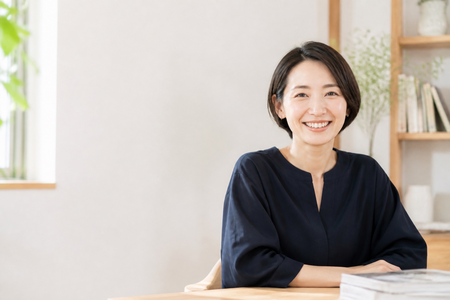 明るい仕事場で自然な笑顔を見せる個人編集者